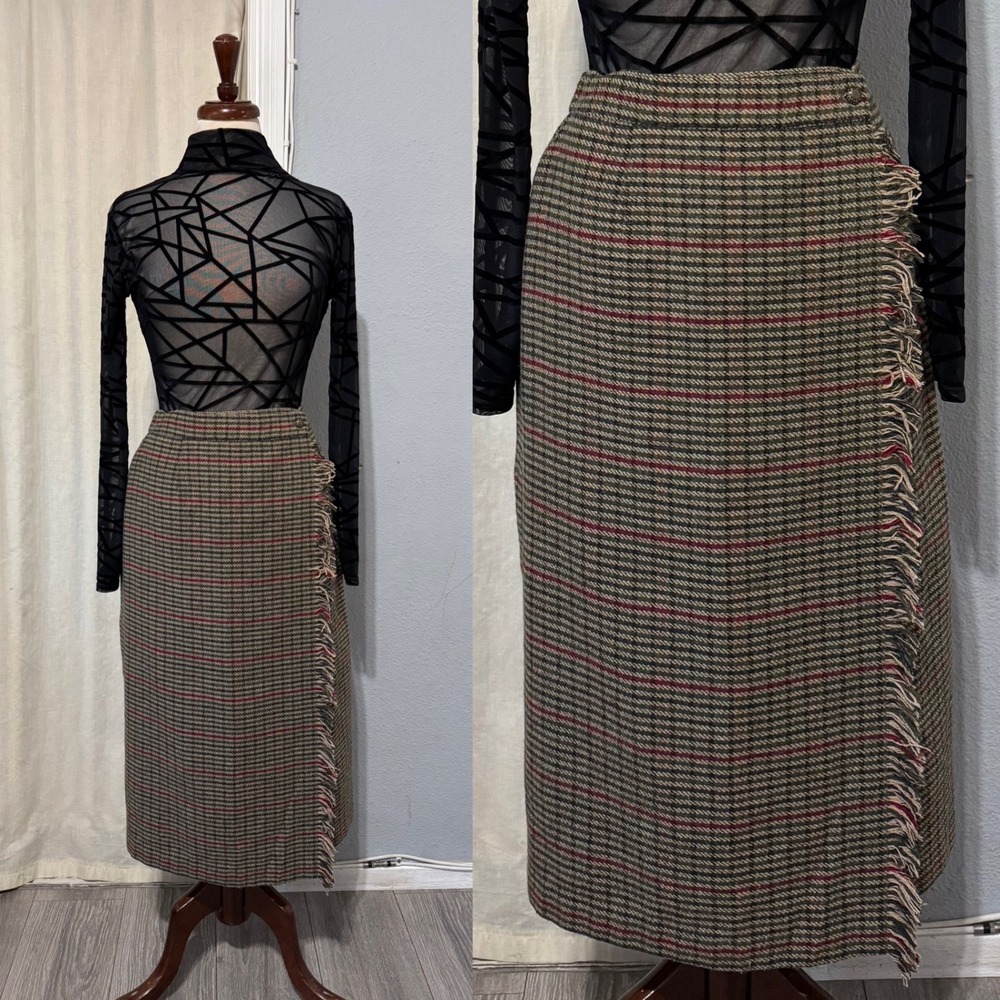 Vintage Luxury Lana Lee Plaid Wool Blend Midi Skirt Sz XS Fringed Hem High Rise